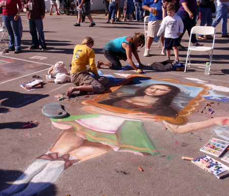 Chalk artists at 2010 Cleveland Oktoberfest - Mona Lisa on Oktoberfest body