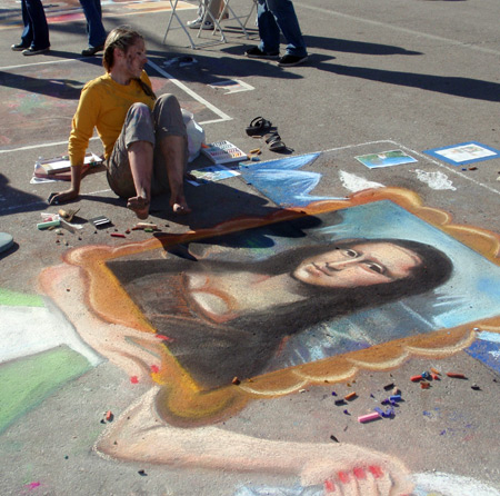 Chalk artists at 2010 Cleveland Oktoberfest - Mona Lisa on Oktoberfest body