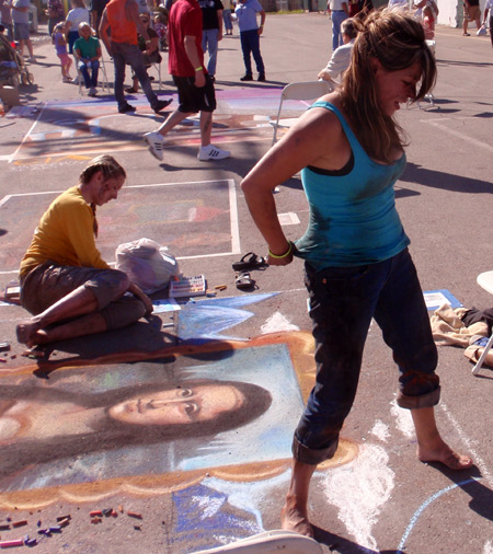 Chalk artists at 2010 Cleveland Oktoberfest - Mona Lisa on Oktoberfest body