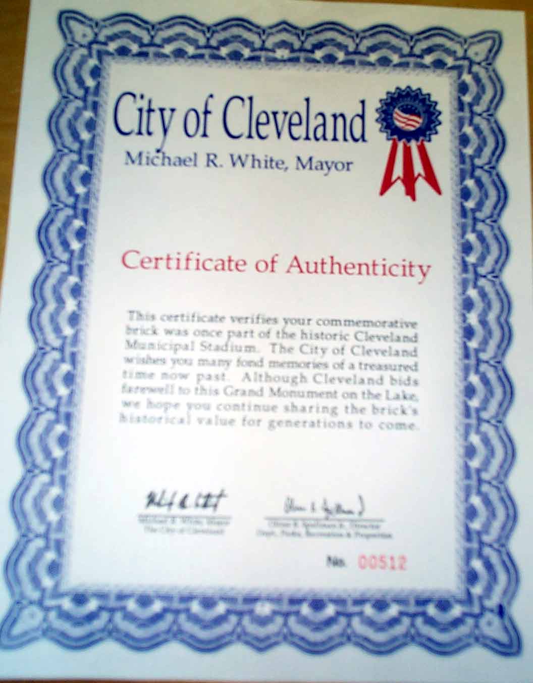 Item S1000007 Cleveland Stadium Brick Certificate