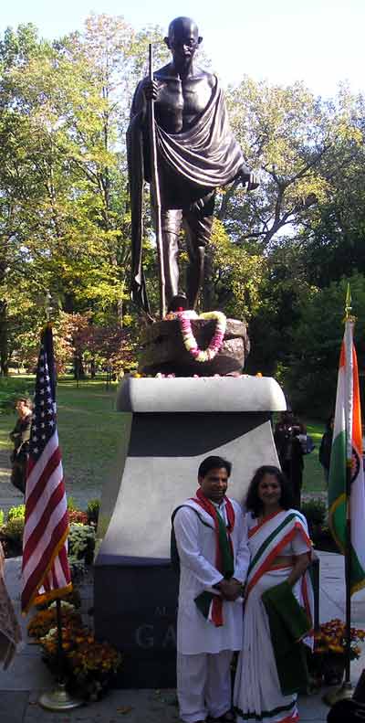 Posing by the new Mahatma Gandhi statue