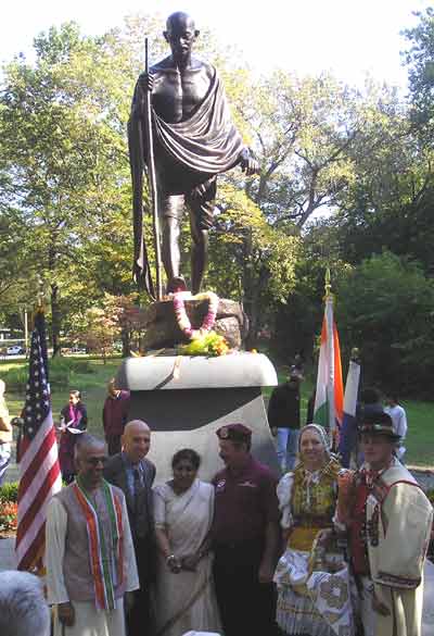 Posing by the new Mahatma Gandhi statue