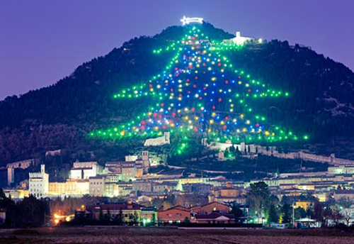 The world's largest Christmas tree display rises up the slopes of Monte Ingino outside of Gubbio, in Italy 's Umbria region