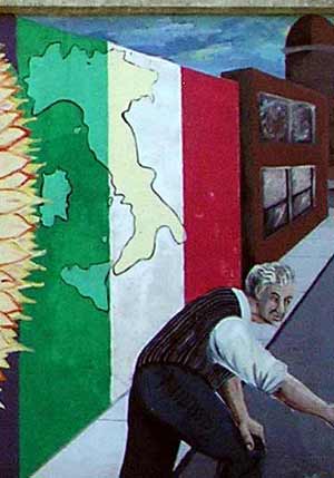 From mural painted on wall on Mayfield in Little Italy