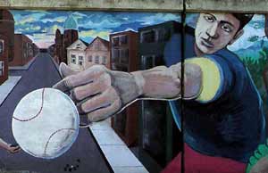 From mural painted on wall on Mayfield in Little Italy