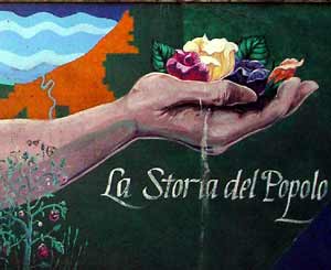 From mural painted on wall on Mayfield in Little Italy