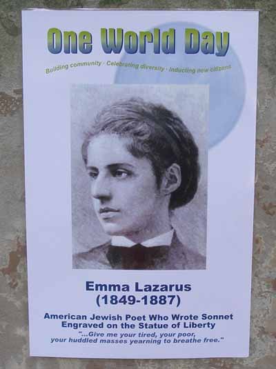 Hebrew Cultural Garden plaque honoring Emma Lazarus, American Jewish poet who wrote the sonnet engraved on the Statue of Liberty