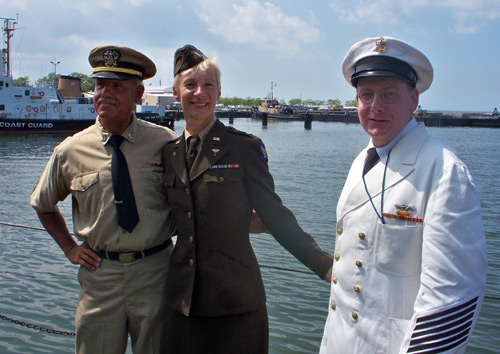 V-J Day actors in World War II militay unifroms at USS Cod