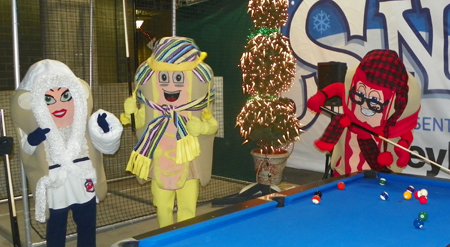 Indians Mascots Mustard, Ketchup and Onion play pool