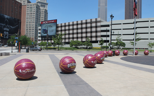 Basketballs in front of Quicken Loans Arena