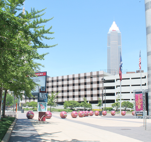 Basketballs in front of Quicken Loans Arena