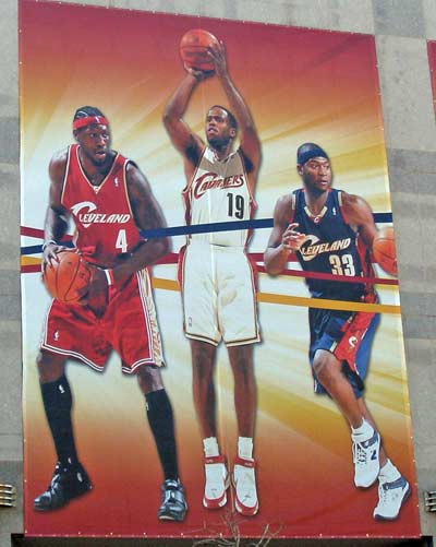 Ben Wallace, Damon Jones and Devin Brown of the Cleveland Cavaliers in a mural on Quicken Loans Arena