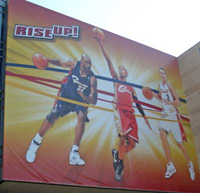 Joe Smith, Daniel Boobie Gibson and Sasha Pavlovic of the Cleveland Cavaliers in a mural on Quicken Loans Arena