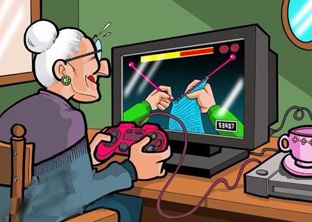 Grandma kniting with video game