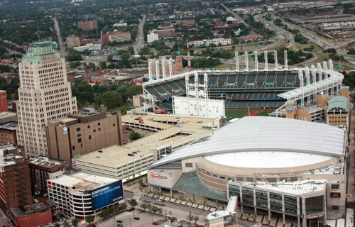 Quicken Loans Arena and Progressive Field - Photo by Dan Hanson from Cleveland's Terminal Tower Observation Deck