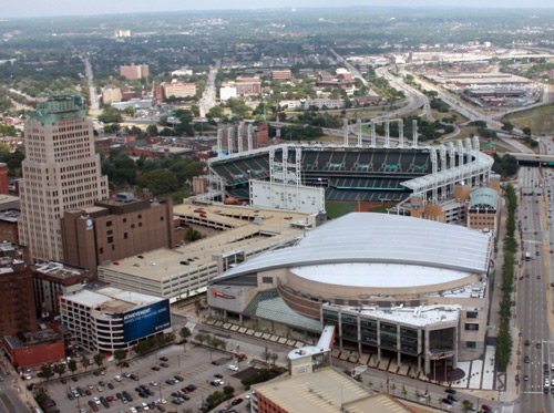 Quicken Loans Arena and Progressive Field - Photo by Dan Hanson from Cleveland's Terminal Tower Observation Deck