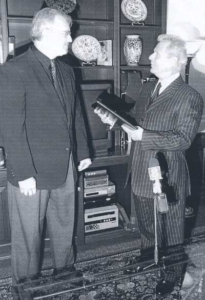 TV 8 General Manager Bill Flynn with Tim Taylor after Tim and co-anchor Judd Hambrick won an Emmy in 1979/80