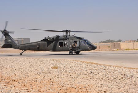 A Task Force 38 UH-60 Black Hawk lands at the Riflestock FARP in Baghdad Iraq on on Monday, August 24, 2009. U.S. Army photo by Staff Sgt. Jeff Lowry, Task Force 38 Public Affairs