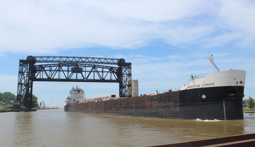 Ship on Cuyahoga River entering Lake Erie