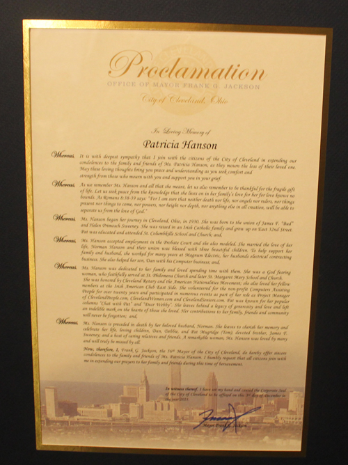 City of Cleveland Proclamation in honor of Pat Hanson