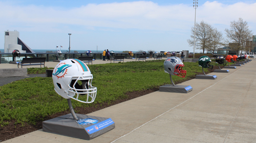 Rows of NFL football helmets in Cleveland