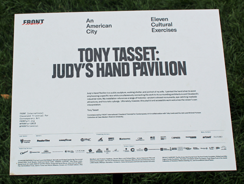 sign for Judy's Hand sculpture by Tony Tasset at Toby's Plaza at Case Western Reserve University in Cleveland