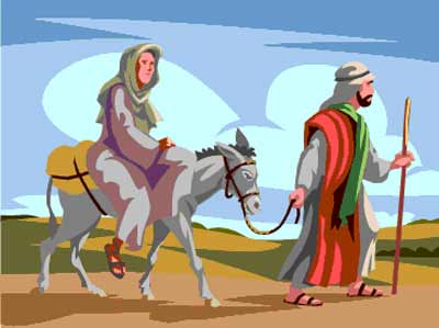 Mary on donkey with Joseph at Christmas birth of Jesus