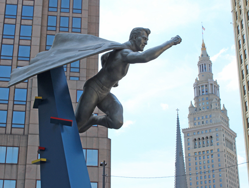 Superman flying in front of Terminal Tower
