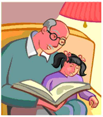 Grandfather reading to little girl