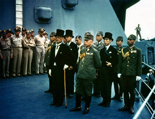 Surrender of Japan, Tokyo Bay, 2 September 1945: Japanese representatives on board USS Missouri (BB-63) during the surrender ceremonies.
