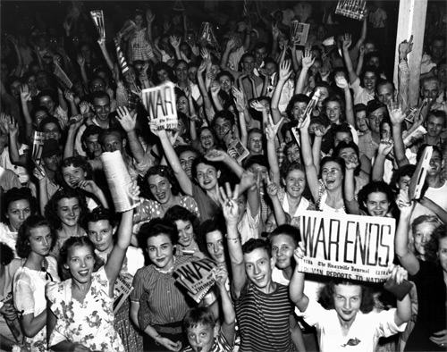 In a photo by Ed Westcott, residents of Oak Ridge, TN, fill Jackson Square to celebrate the surrender of Japan.