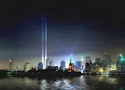 World Trade Center in lights in New York after September 11, 2001