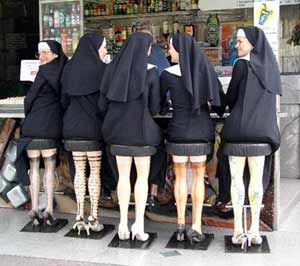 Nuns on bar stools that look like legs