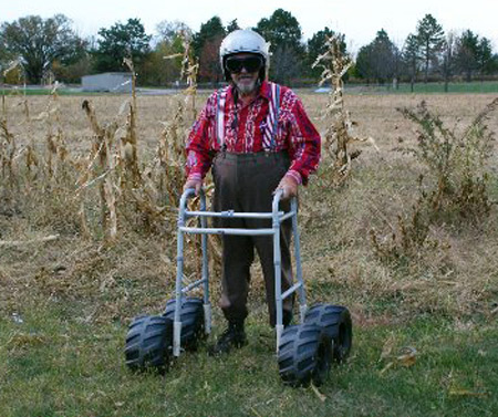 Senior with 4-wheeler walker