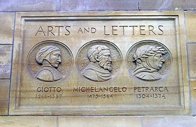 Giotto, Michelangelo, Petrarca relief