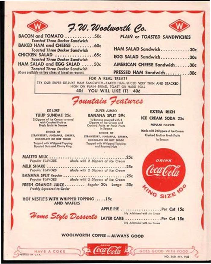 F.W. Woolworth menu