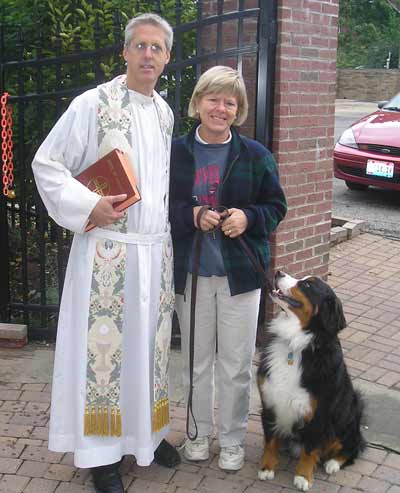 Father Chris Weber with Joan Atkian and Berner Hub