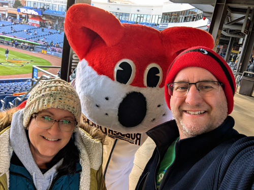 Akron Rubber Ducks mascots with Brad Nellis