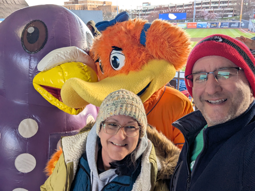 Akron Rubber Ducks mascots with Brad Nellis