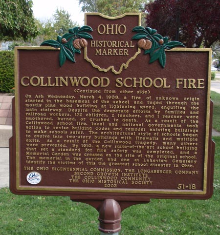 Collinwood School Fire Ohio Historical Marker - back