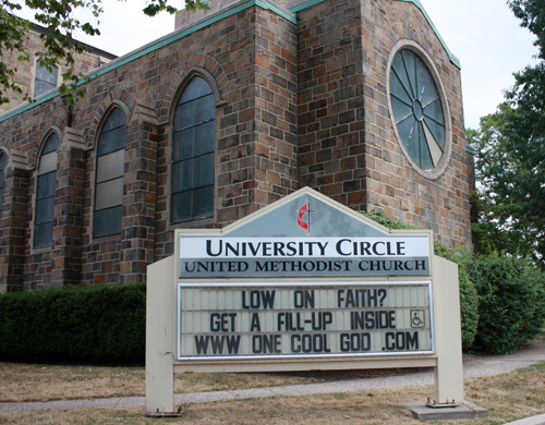 University Circle United Methodist Church sign - Holy Oil Can Church - photo by Dan Hanson
