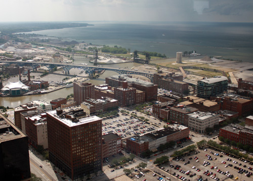 Cuyahoga River and Lake Erie - Photo by Dan Hanson from Cleveland's Terminal Tower Observation Deck