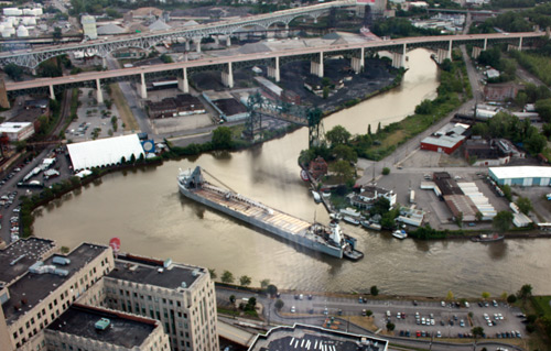 Boat maneuvering the crooked Cuyahoga River from the Terminal Tower Observation Deck - photo by Dan Hanson