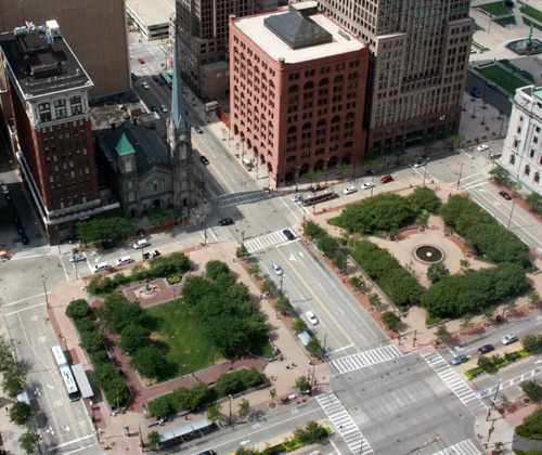 Northern quadrants of Public Square and Old Stone Church from the Terminal Tower Observation Deck - photo by Dan Hanson