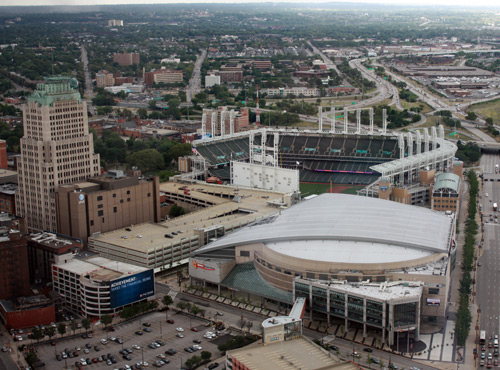 Quicken Loans Arena and Progressive Field from the Terminal Tower Observation Deck - photo by Dan Hanson
