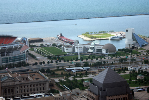 Great Lakes Science Center and Rock and Roll Hall of Fame and Museum from the Terminal Tower Observation Deck - photo by Dan Hanson