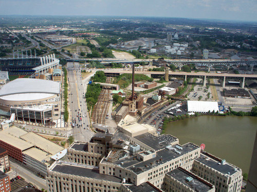 Quicken Loans Arena and Cuyahoga River - Photo by Dan Hanson from Cleveland's Terminal Tower Observation Deck