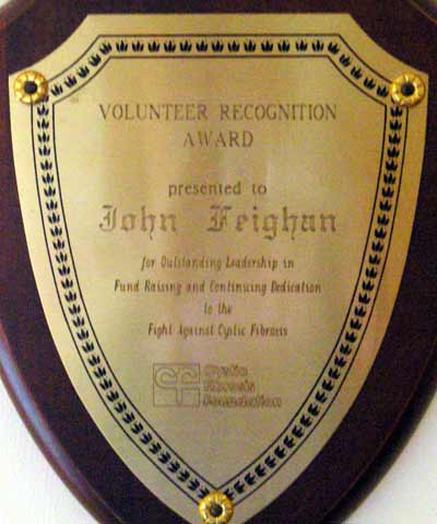 John Feighan and Cystic Fibrosis award plaque