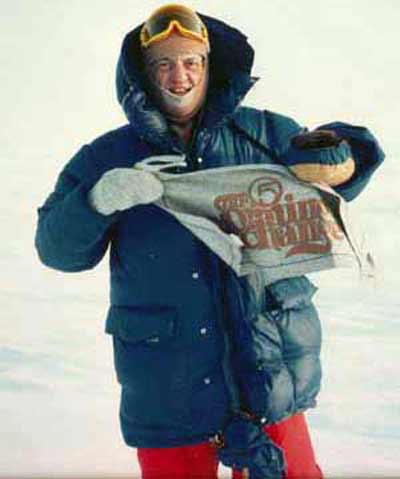 Fred Griffith with a Morning Exchange banner on the North Pole