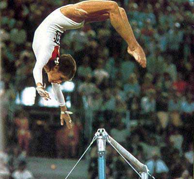 Olga Korbut doing gymnastics at Richfield Coliseum